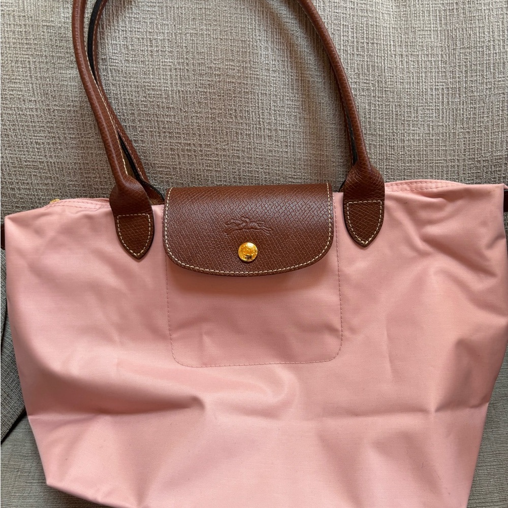 Longchamp Pink and Brown Nylon Tote with Leather Trim